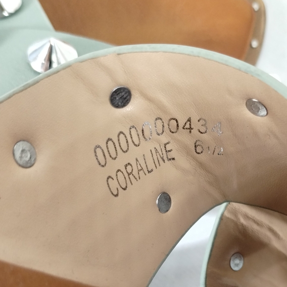 ShuShop Green and Silver Studded Spiked Sandals Sz 6.5 Poolside Glam Edgy Chic - Picture 2 of 9